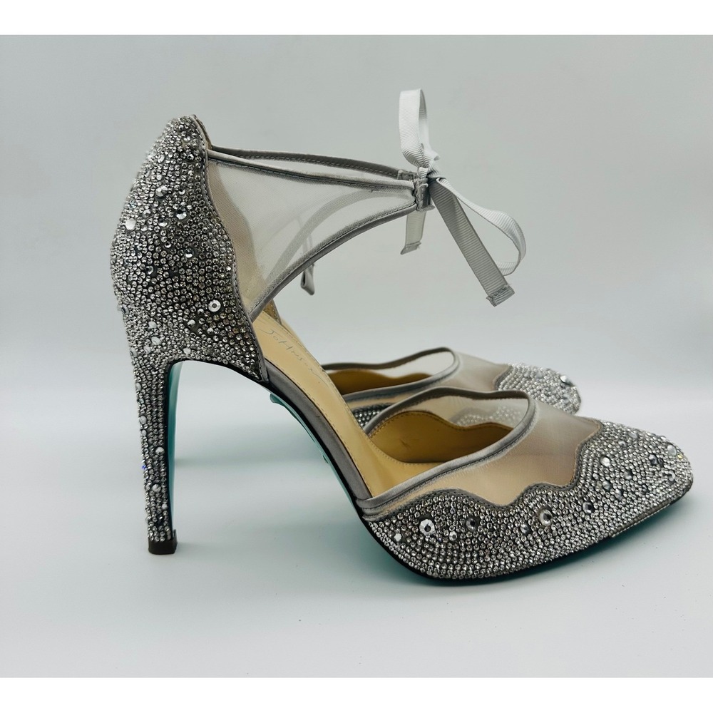 Betsey Johnson SB-Iris Silver Rhinestone Mesh Ankle Tie Heels Size 12M New